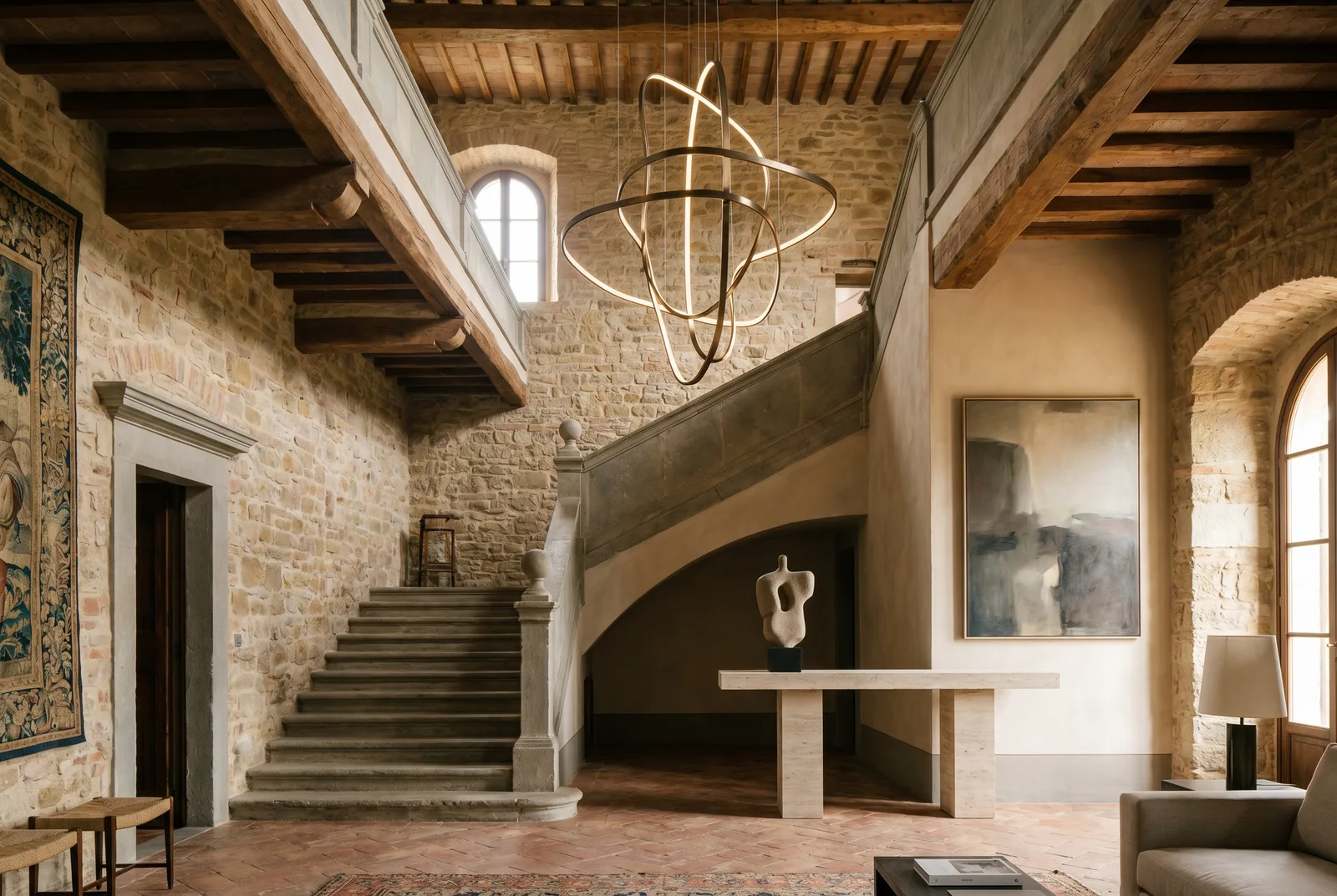 The great hall — medieval staircase, contemporary light