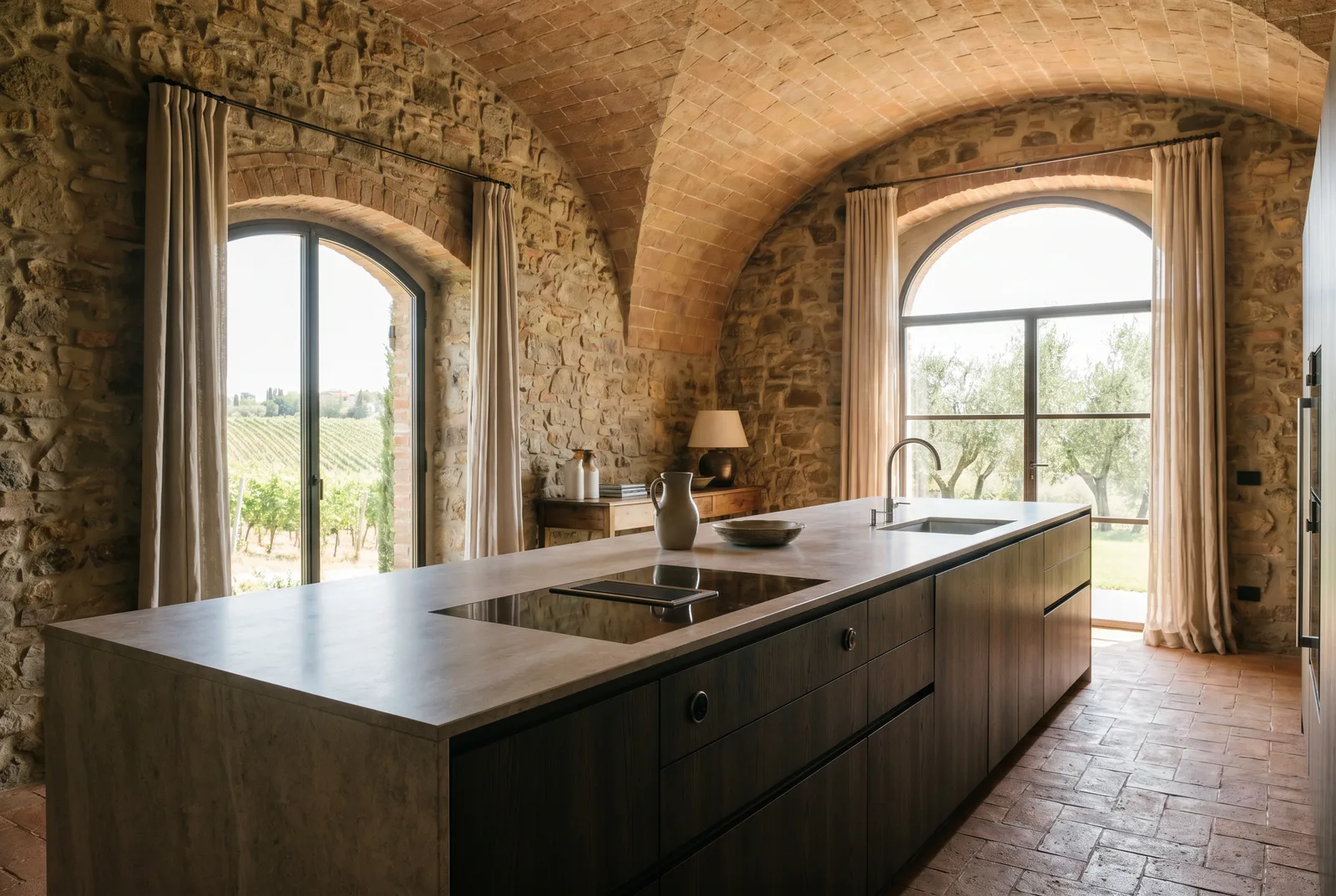 A modern kitchen within a vaulted stone shell