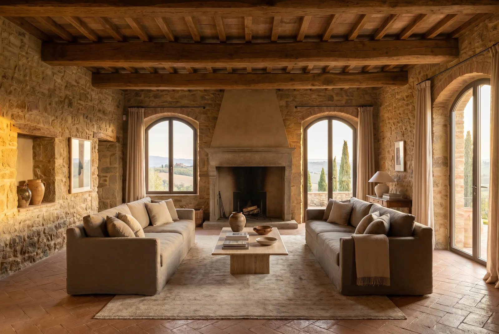 Living — stone, beams and a fireplace open to the valley
